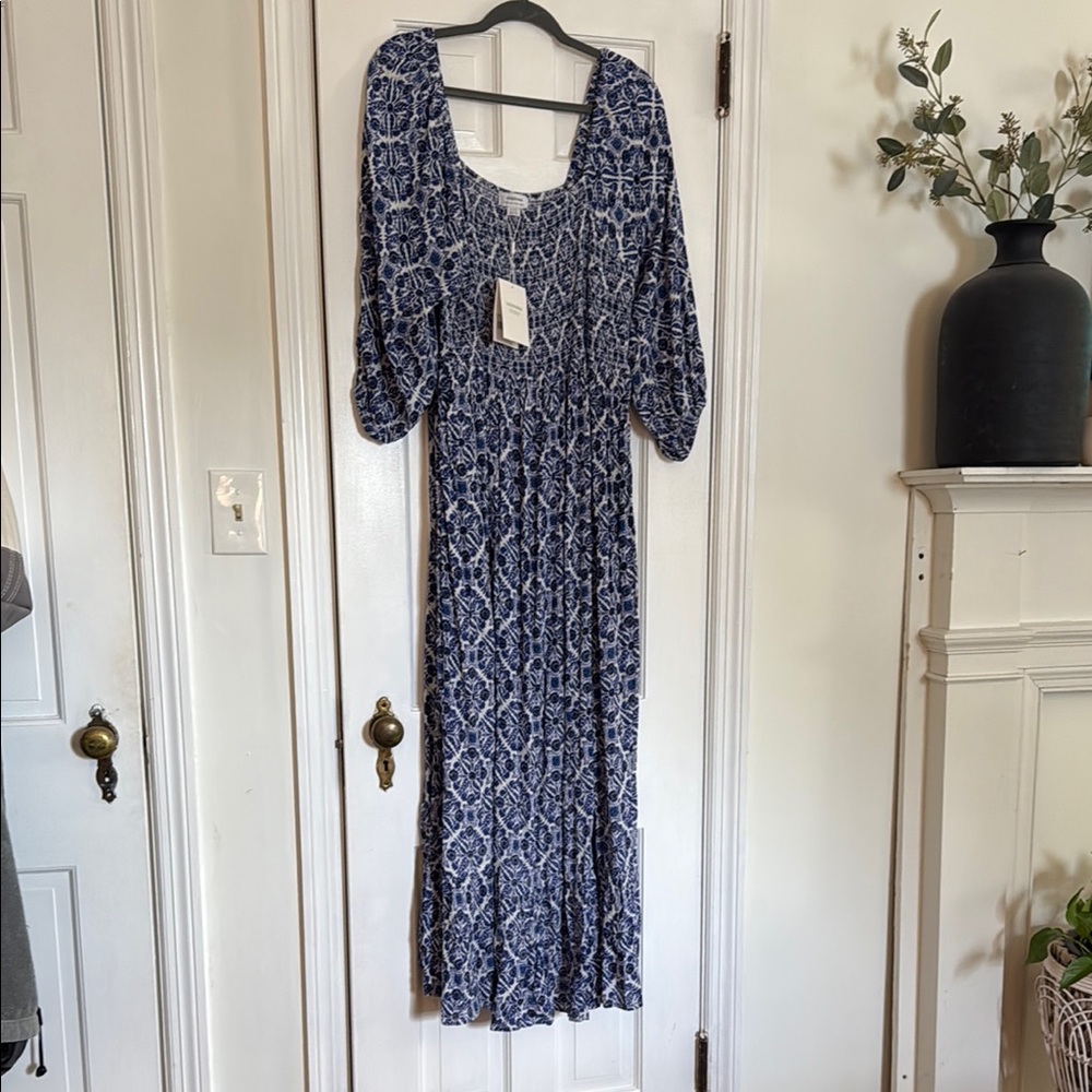 Seraphine Blue and White Maxi Sundress with Bishop Sleeves